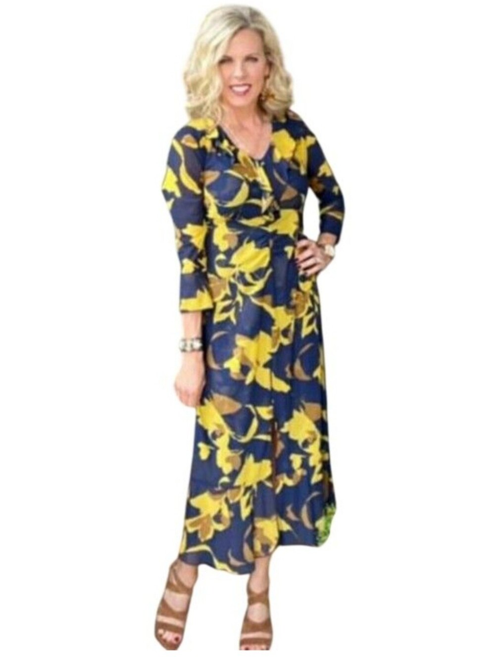 CAbi Midnight Dress 4242 Fall 2021 Navy Yellow Floral Mesh Ruffle Midi Maxi M
